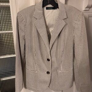 Lauren Ralph Lauren Seersucker Gray White Striped Blazer Jacket Womens 10 NEW